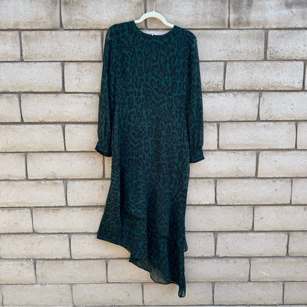 Warehouse Asymmetrical Green Leopard Dress
